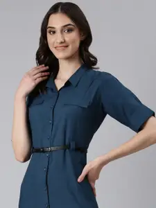 SHOWOFF Shirt Collar Cotton Shirt Dress With Belt
