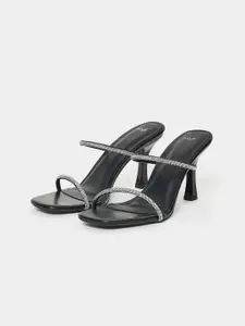 Styli Black & Silver-Toned Embellished Open Toe Slim Heels