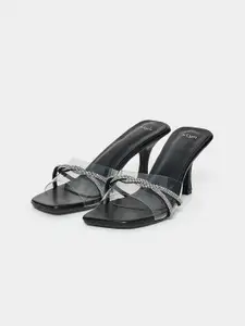 Styli Black & Silver-Toned Embellished Slim Heels