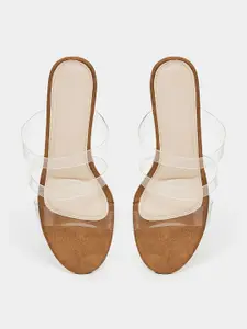 Styli Tan Brown & Transparent Strappy Open Toe Stiletto Heels