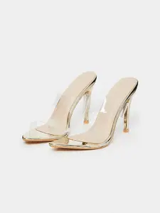 Styli Gold-Toned & Transparent Double Strap Open Toe Stiletto Heels