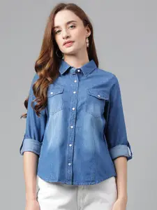 Latin Quarters Classic Faded Spread Collar Faded Roll-Up Sleeves Casual Shirt