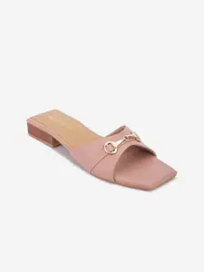 DressBerry Peach-Coloured Buckled Open Toe Flats