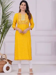 FASHION DEPTH Floral Printed Mirror Work Straight Kurta