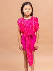 Sangria Pink & Orange Polka Dots Printed Cotton Ruffles Top