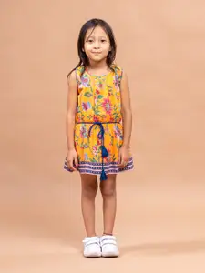 Sangria Girls Orange Floral Printed Pure Cotton A-line Mini Dress