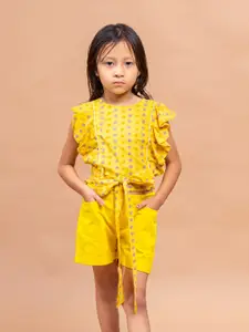 Sangria Girls Yelloe & Purple Polka Dots Printed Ruffled Pure Cotton Top