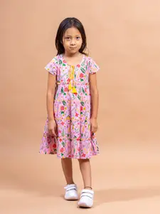 Sangria Girls Pink Floral Printed Tiered Pure Cotton A-line Midi Dress