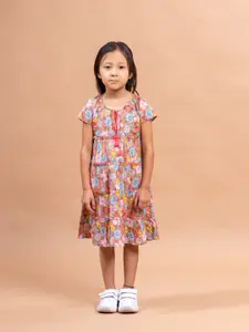 Sangria Girls Peach coloured Floral Printed Tiered Pure Cotton A-line Midi Dress