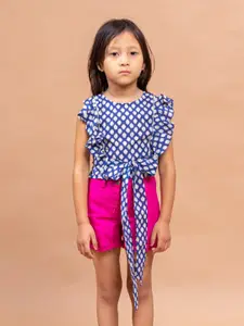 Sangria Girls Blue & White Polka Dots Printed Ruffled Pure Cotton Top