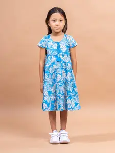 Sangria Girls Blue Floral Printed Tiered Pure Cotton A-line Midi Dress