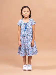 Sangria Girls Blue Floral Printed Tiered Pure Cotton A-line Midi Dress