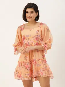 AND Floral Print Puff Sleeve A-Line Mini Dress
