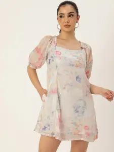 AND Sequined Embellished Floral Puff Sleeves A-Line Dress