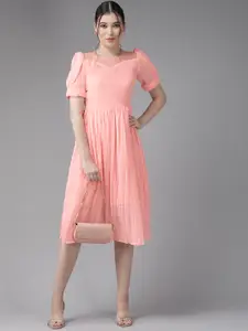 Aarika Peach-Coloured Puff Sleeve Georgette A-Line Midi Dress
