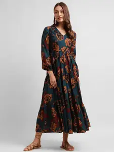 Selvia Floral Printed V-Neck Puff Sleeves Tiered Fit & Flare Midi Dress