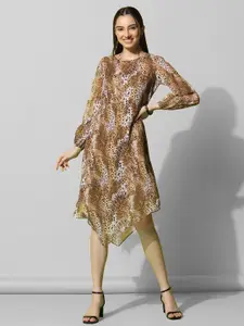 Selvia Animal Printed Puff Sleeves A-Line Midi Dress