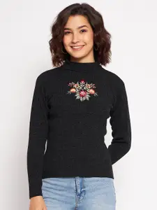 CLAPTON Floral Embroidered Mock Collar Pullover Sweater