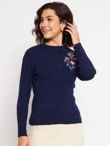 CLAPTON Ribbed & Floral Embroidered Detail Pullover Sweater