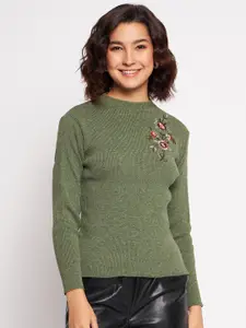 CLAPTON Ribbed Floral Embroidered Mock Collar Pullover Sweater