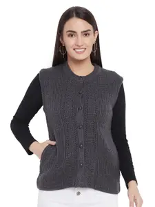 CLAPTON Cable Knit Self Design Round Neck Cardigan Sweater