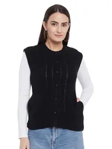 CLAPTON Open Knit Self Design Round Neck Cardigan Sweater