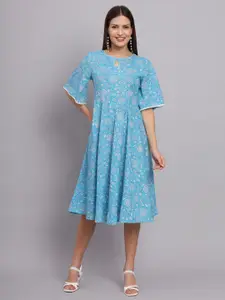 DECKEDUP Keyhole Neck Floral Printed Lace-Up Detail Flared Sleeve Cotton Midi Dress