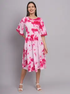 DECKEDUP Keyhole Neck Tie And Dye Flared Sleeve A-Line Midi Dress