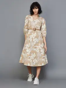 Colour Me by Melange V Neck Floral Printed Puff Sleeve Belted Cotton A-Line Midi Dress