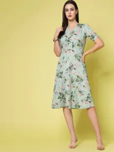 plusS Sea Green Floral Print V-Neck Puff Sleeve Fit & Flare Dress