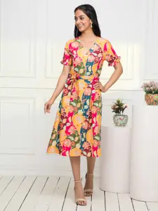 DressBerry Floral Print Flared Sleeve Tie-Up A-Line Midi Dress