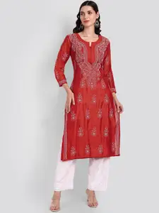 Seva Chikan Ethnic Motifs Chikankari Embroidered Art Silk Kurta