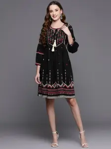 Indo Era Indo Bohemian Embroidered Tie-Up Neck Puff Sleeves A-Line Dress