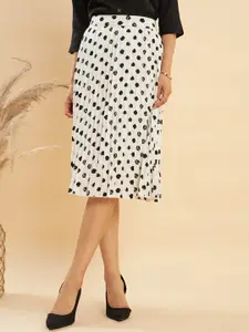 KASSUALLY Black & White Polka Dots Printed Flared Midi Skirt