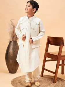 VASTRAMAY Boys Mandarin Collar Straight Kurta With Pyjamas & Nehru Jacket With Dupatta