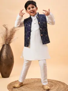 VASTRAMAY Boys Mandarin Collar Kurta With Pyjamas & Nehru Jacket