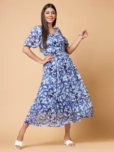 plusS Blue Floral Print Cold-Shoulder Fit & Flare Midi Dress