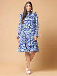 plusS Blue Floral Printed Tie-Up Neck Puff Sleeves Ruffles Flounce Hem Drop-Waist Dress