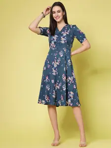 plusS Navy Blue Floral Print Fit & Flare Dress