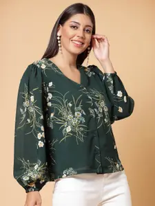 plusS Green Floral Printed V-Neck Puff Sleeve Shirt Style Top