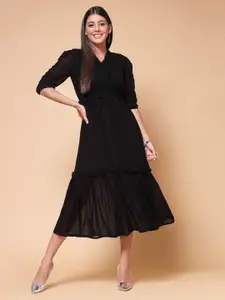 plusS Black Puffed Sleeves A-Line Midi Dress