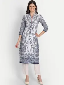 SUTI Women Ethnic Motifs Printed Mandarin Collar Indigo Cotton Straight Kurta