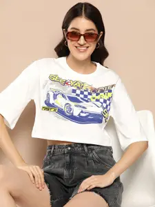 HERE&NOW Women Printed Pure Cotton Boxy Crop T-shirt