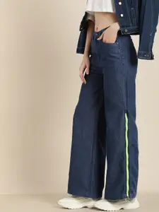 HERE&NOW Women Wide Leg High-Rise Zip Detail Stretchable Jeans