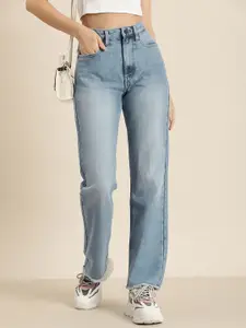 HERE&NOW Women Mid-Rise Straight Fit Heavy Fade Jeans