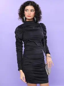 KETCH Black Gathered Detailed High Neck Long Sleeves Sheath Dress