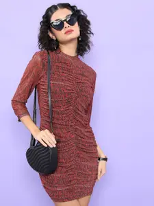 KETCH Rust Animal Printed High Neck Gathered Ruched Bodycon Mini Dress