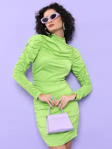 KETCH Lime Green High Neck Puff Sleeve Gathered Ruched Bodycon Dress