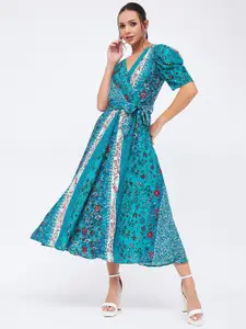 Harpa Floral Printed V-Neck Puff Sleeves Fit and Flare Dress