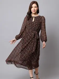Just Wow Floral Printed Keyhole Neck Puff Sleeve Georgette A-Line Midi Dress